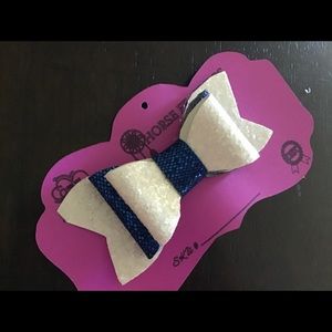 White and blue glitter vegan leather hair bow